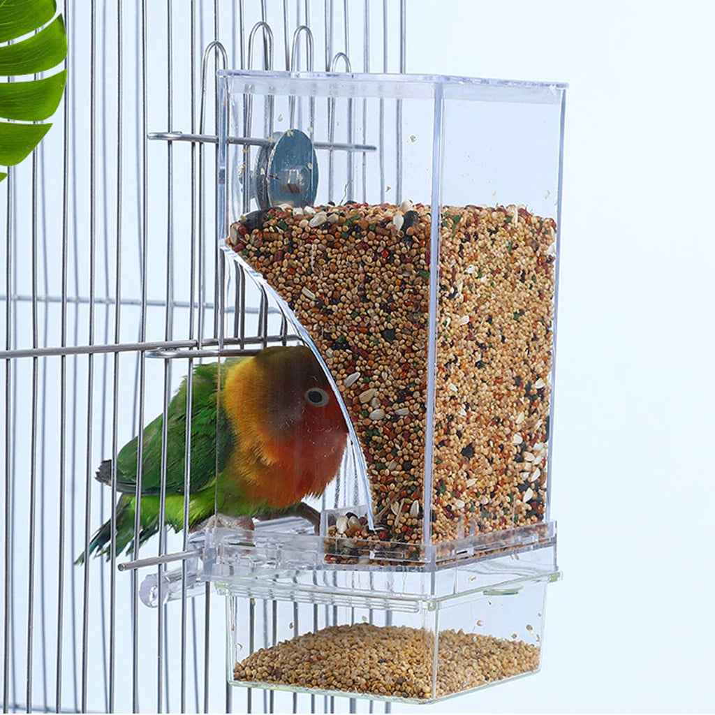 Hamiledyi No Mess Bird Cage Feeder Automatic Parrot Seed Feeders with Perch Acrylic Transparent Seed Food Cont