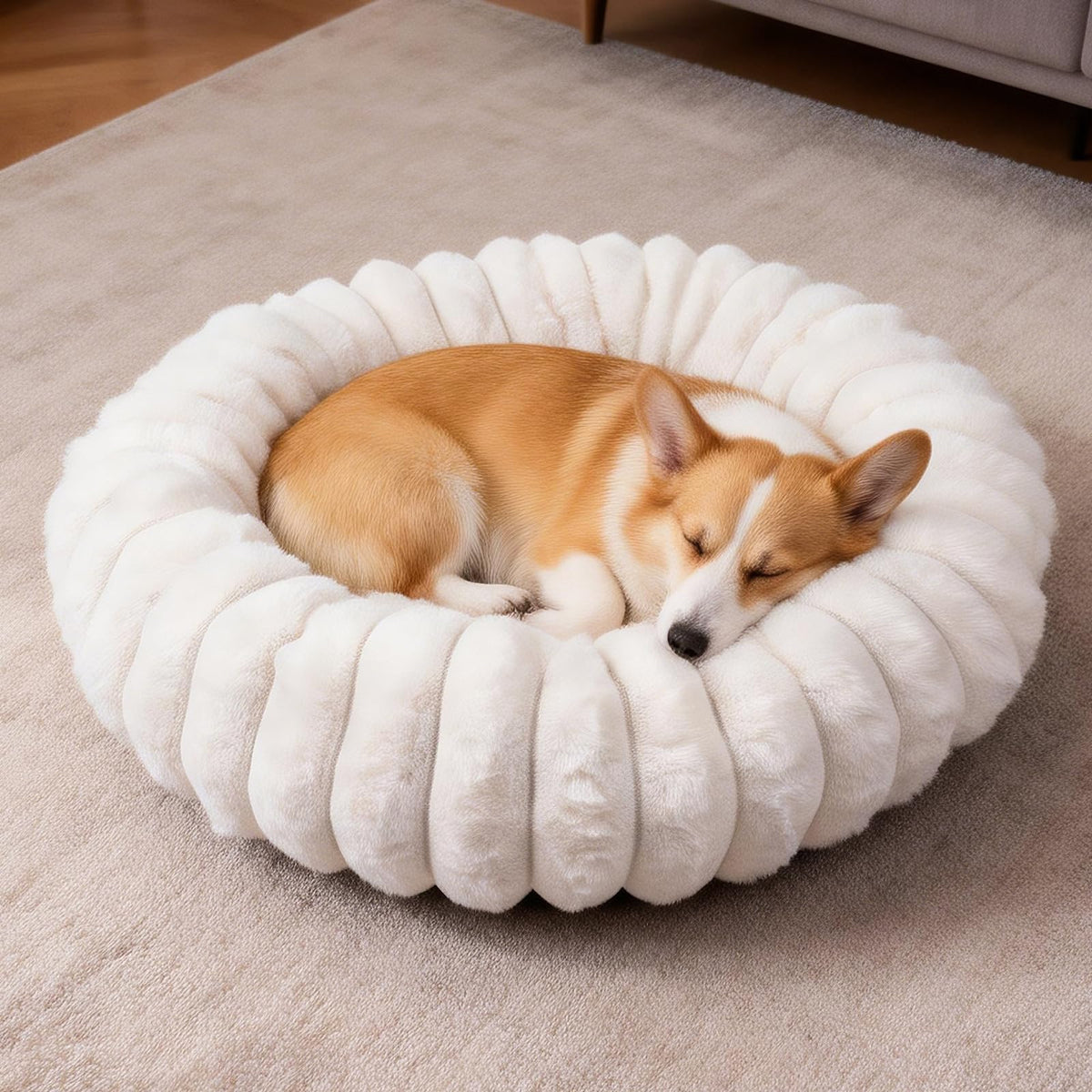 Donut Dog and Cat Bed, Luxurious Comfortable Faux Rabbit Fur Pet Beds, Soft Anti-Anxiety Calming Puppy Kitten 