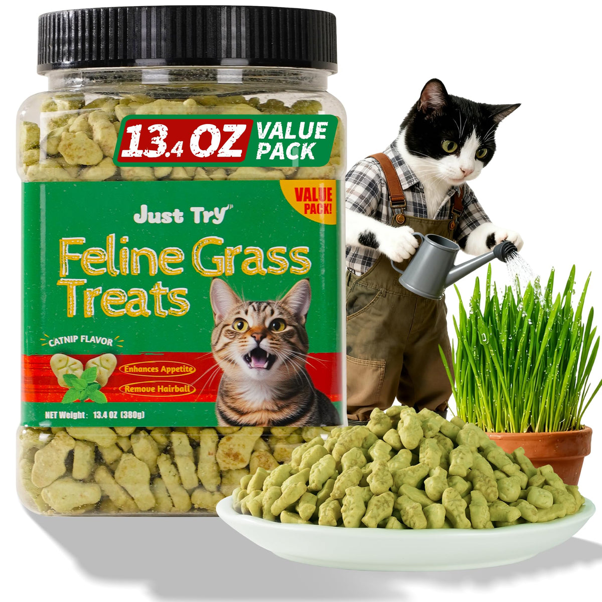 Just Try Cat Treats for Indoor Cats Hairball Control Natural Salmon Healthy Cat Grass Treats Kitten Snacks Tra