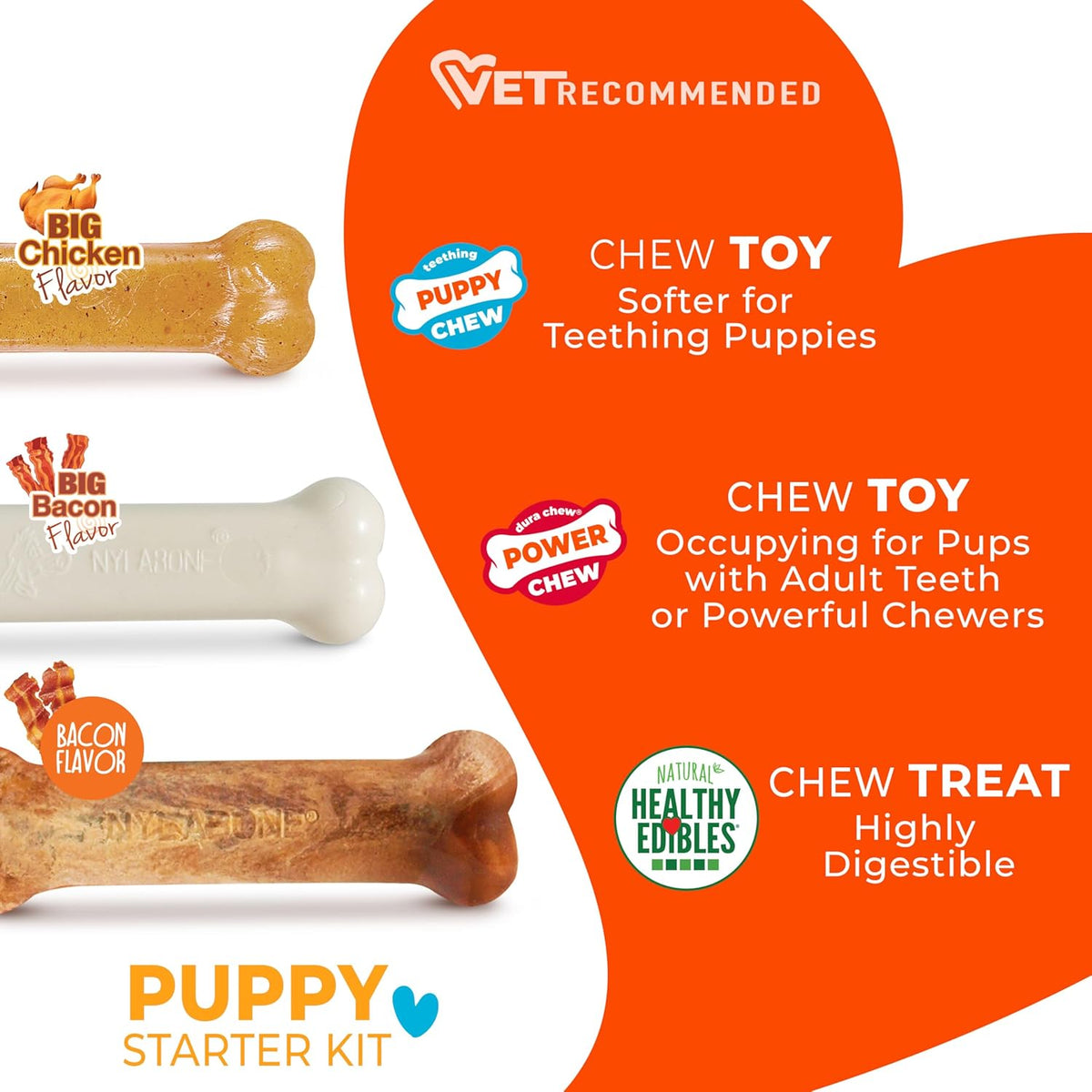 Nylabone New Puppy Starter Kit, 2 Chew Toys and 1 Natural Treat for Puppies, Puppy Teething Toy, Bacon & Chick - view 2