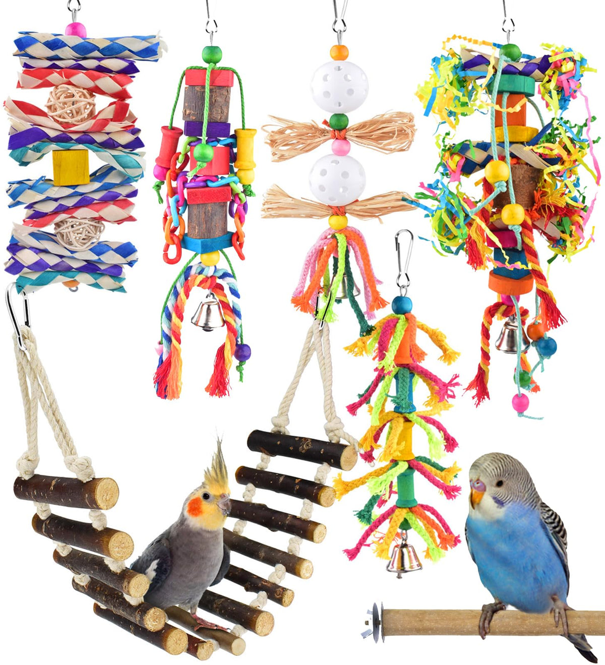 KATUMO Bird Toys, Parakeet Swing Parrot Ladder Cockatiel Perch Conure Hanging Bell Toys for Parakeet Conure Co