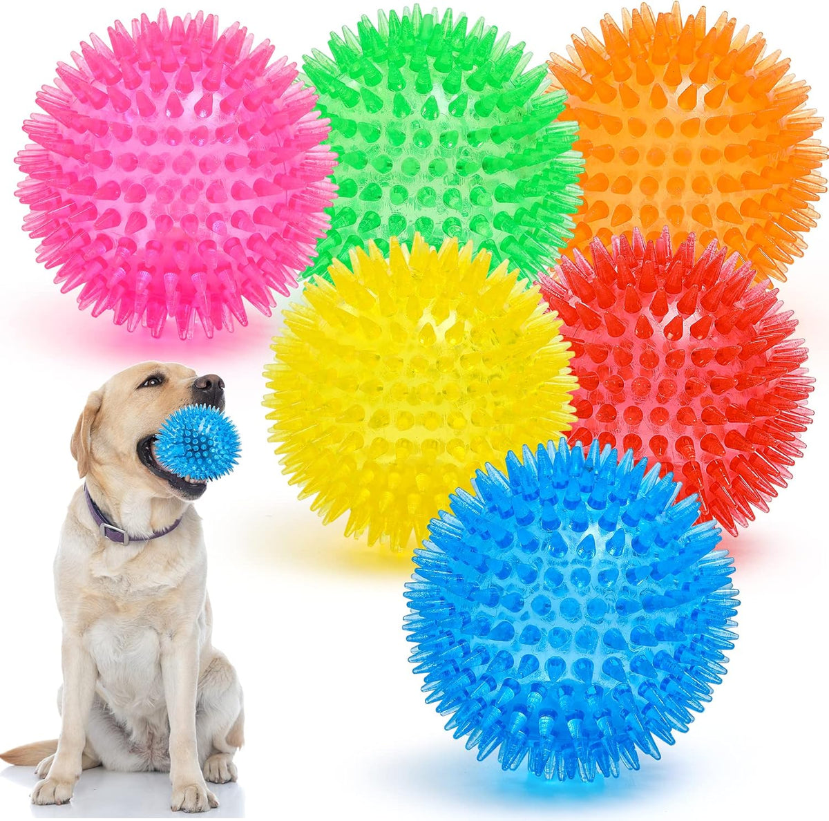 VITEVER 3.5” Squeaky Dog Toy Balls (6 Colors) Puppy Chew Toys for Teething, BPA Free Non-Toxic, Spikey Dog Bal