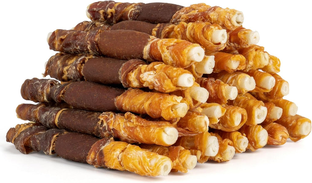 MON2SUN Dog Treats, Triple Flavor 5 Inch Chicken Liver Duck and Chicken Wrapped Rawhide Snacks for Small and M
