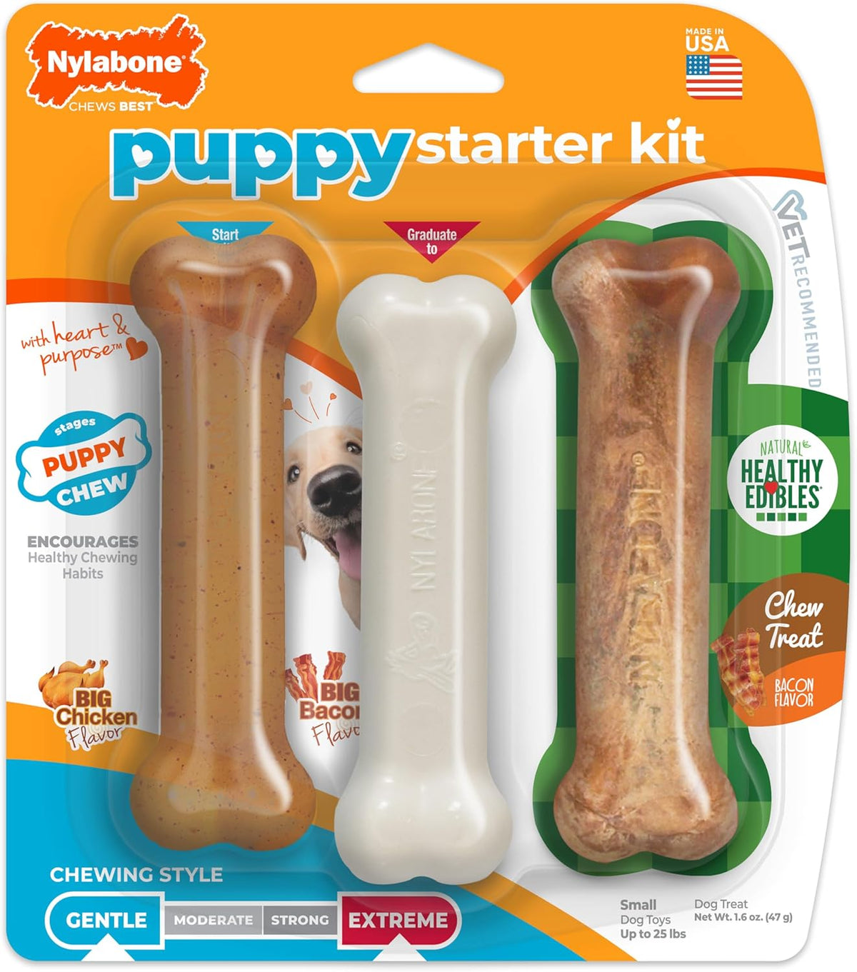 Nylabone New Puppy Starter Kit, 2 Chew Toys and 1 Natural Treat for Puppies, Puppy Teething Toy, Bacon & Chick