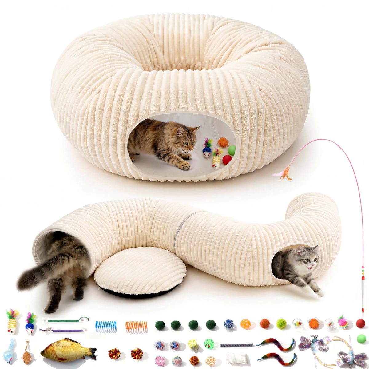 Cat Tunnel Bed with 40 Pcs Interactive Cat Toys, Cat Tube with Kitten Toys for Indoor Kittens, Collapsible Pla