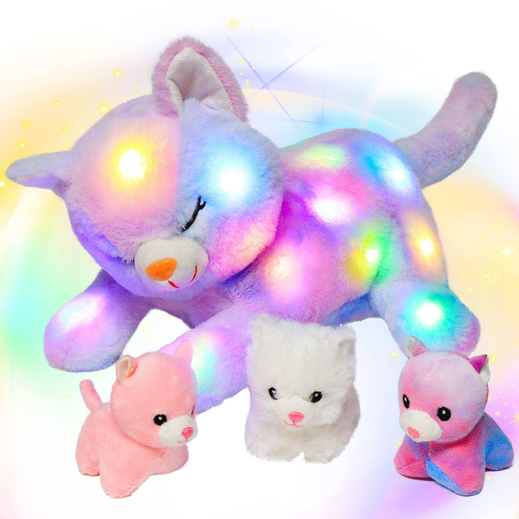 Hopearl LED Plush Cat Lighting Up Stuffed Mommy Cat with 3 Baby Kittens in her Tummy Stuffed Animal Playset Ni