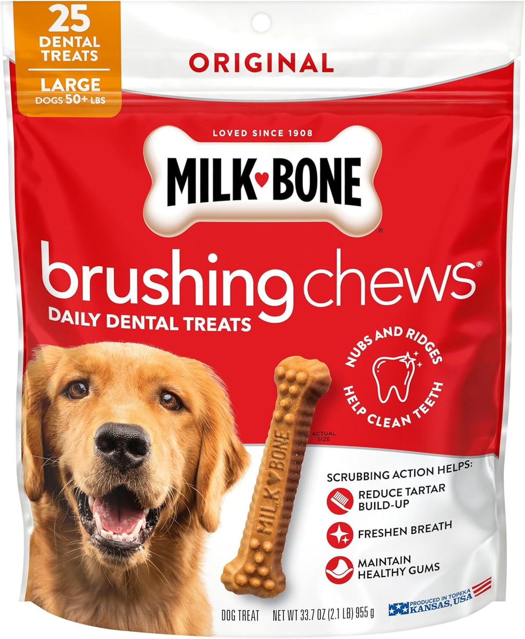 Milk-Bone Brushing Chews Daily Dental Dog Treats, Chicken Flavor, Large, 25 Count