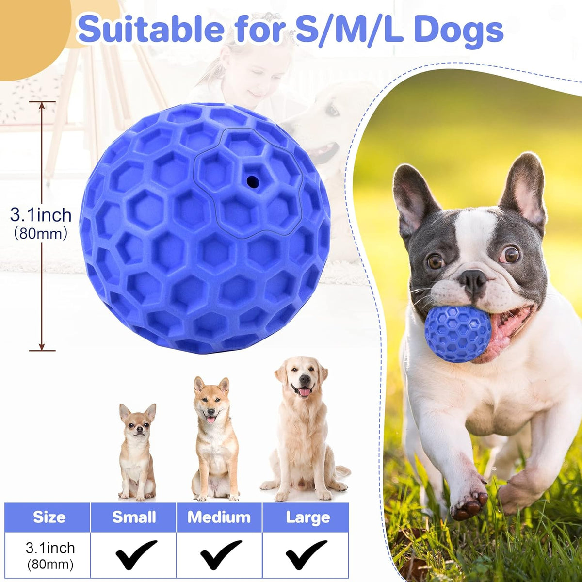 Indestructible Squeaky Dog Ball, Relieves Anxiety, Cleans Teeth, Interactive Chew Toy for Aggressive Chewers,  - view 2