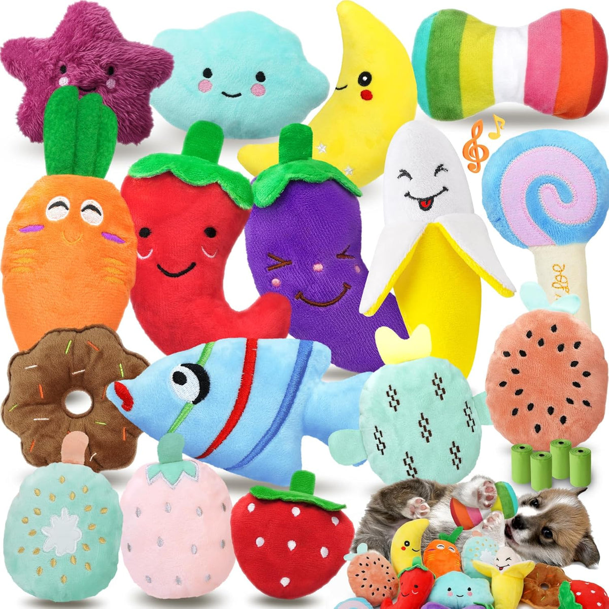 QTwoof Cheerful 20-Pack Squeaky Dog Toys Set - Included 4 Dog Bags, Plush Puppy Toys with Irresistibly Cute Ch