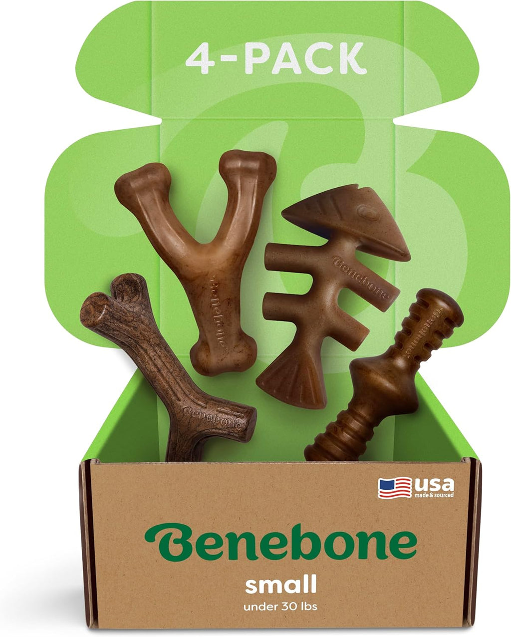 Benebone Small 4-Pack Dog Chew Toys for Aggressive Chewers, Made in USA, 30lbs and Under