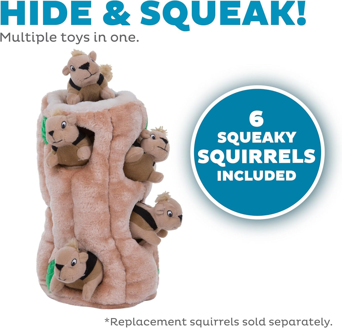 Outward Hound Hide-A-Squirrel Dog Toy – Interactive 2‑in‑1 Plush Puzzle with 6 Squeaky Removable Squirrels, X- - view 3