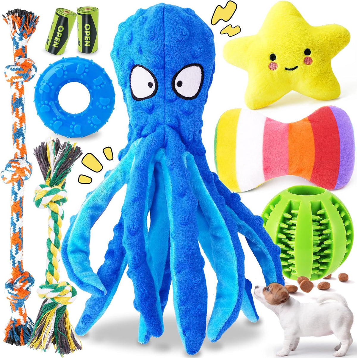 KIPRITII 9-Pack Interactive Puppy Dog Toys for Small Dogs No-Stuffing Squeaky Octopus-Shaped Toy, Cute Plush &