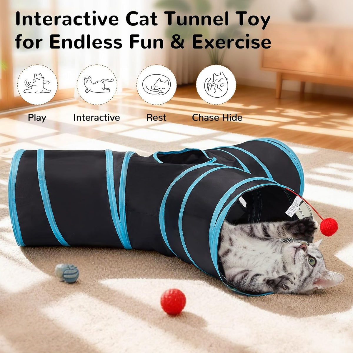 Tempcore Pet Cat Tunnel Tube Cat Toys 3 Way Collapsible, Tunnels for Indoor Cats，Kitty Bored Peek Hole Toy Bal - view 3