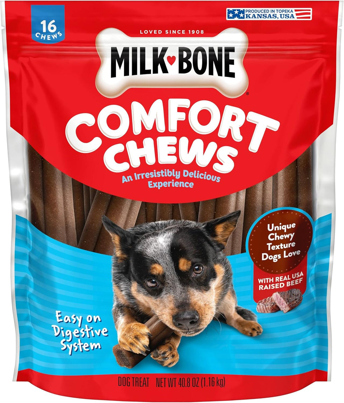 Milk-Bone Comfort Chews, Rawhide Free Dog Treats with Unique Chewy Texture and Real Beef, 16 Chews, Easy on Di