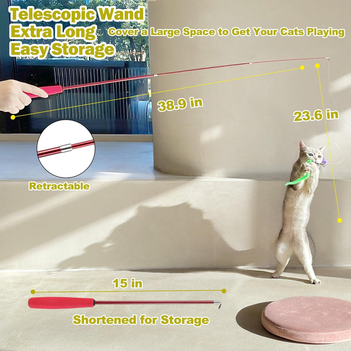 Cat Toys for Indoor Cats, Interactive Cat Toy 2PCS Retractable Wand Toy and 9PCS Cat Feather Toys Refills, Fun - view 3