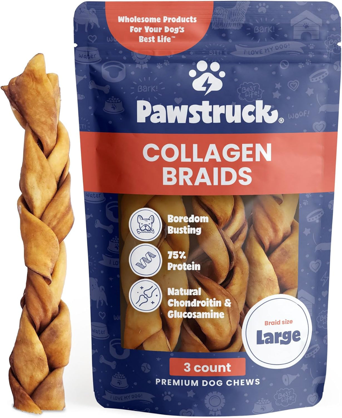 Pawstruck Natural Large 10-13” Beef Collagen Braids for Dogs – Long-Lasting Rawhide & Bully Stick Alternative,