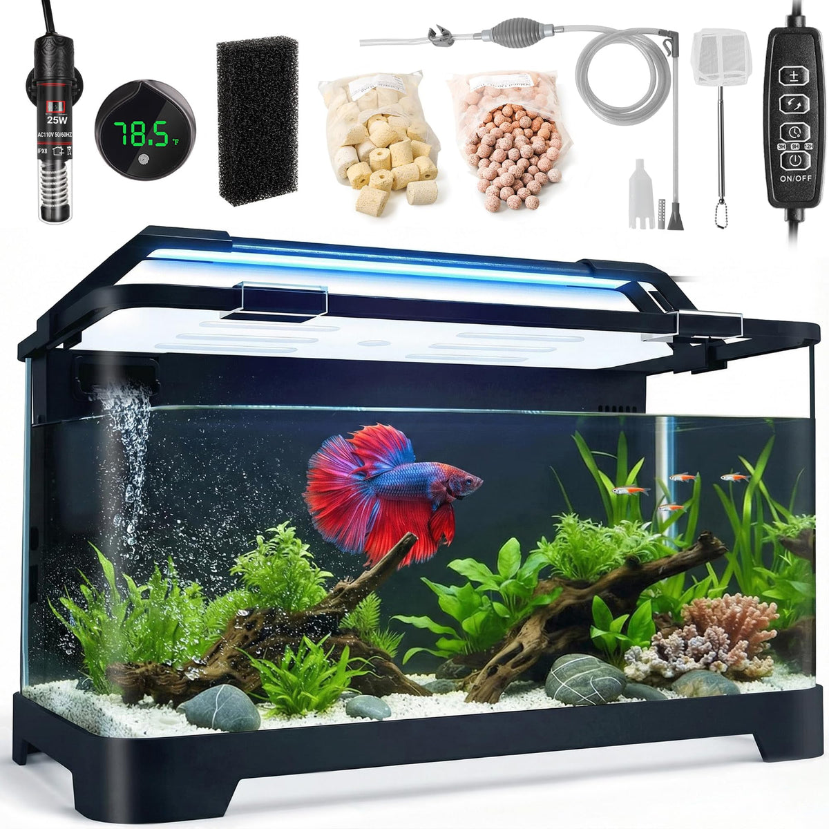 3.5 Gallon Betta Fish Tank, All in One Aquarium Starter Kits with Back Filter, Adjustable Pump, 25W Heater, LE