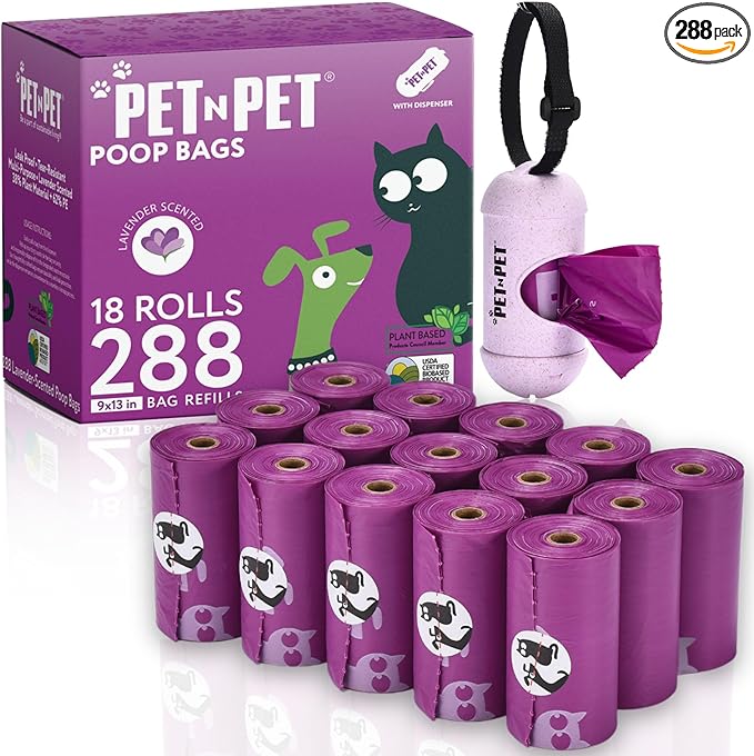 PET N PET Poop Bags for Dogs, 288 Count Lavender Scented Dog Waste Bags with Leash Dispenser, USDA Certified 3