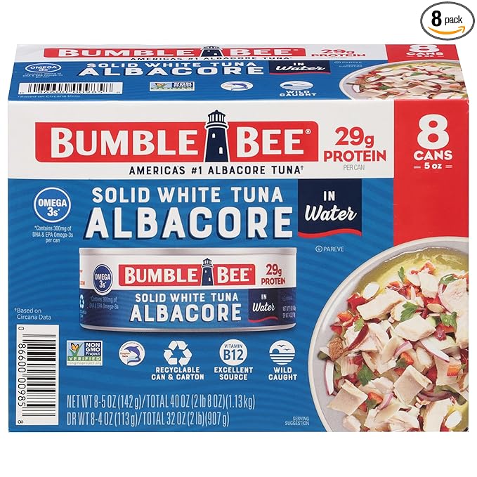Bumble Bee Solid White Albacore Tuna in Water, 5 oz Can (Pack of 8) - Wild Caught Tuna - 29g Protein per Servi