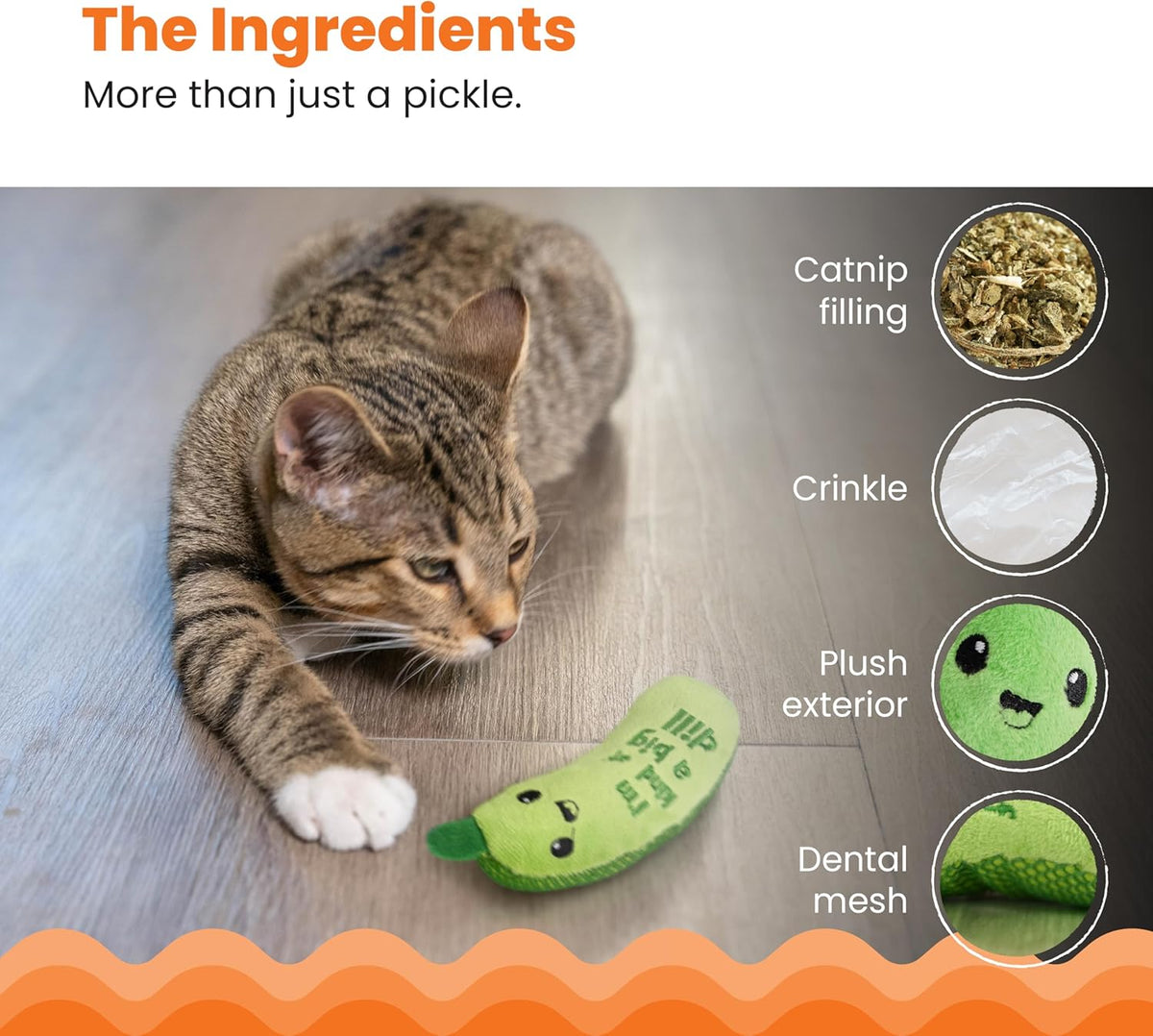 Catstages Crunchy Pickle Kicker Cat Toy – Plush Crinkle Toy with Catnip and Dental Mesh, 6.5" - view 5