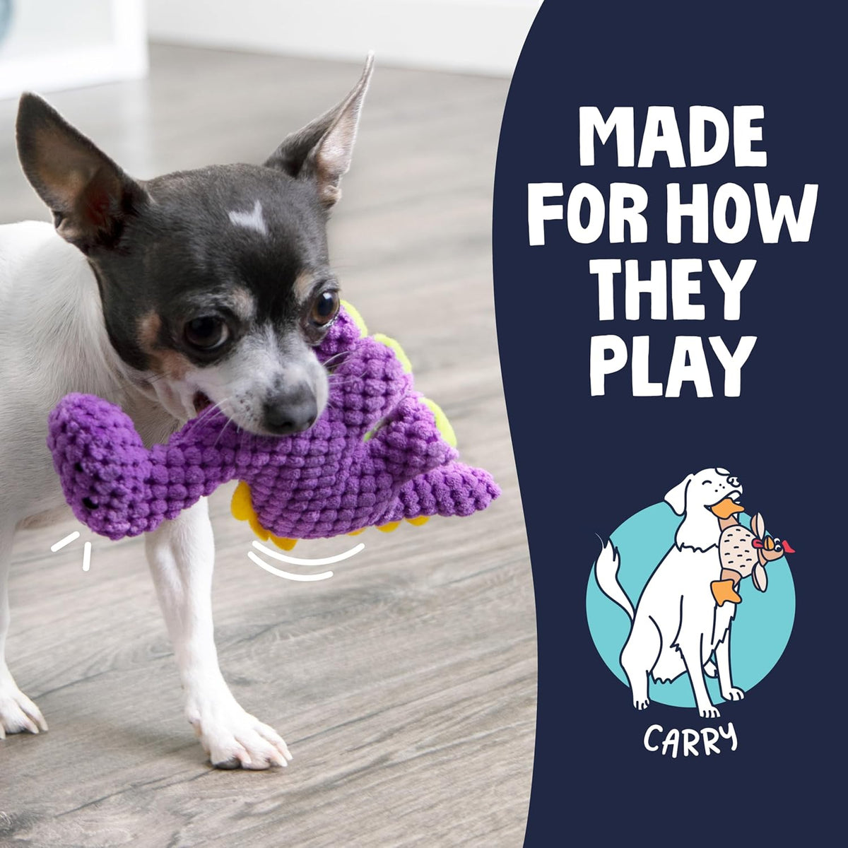 goDog Checkers Just for Me Dinos Bruto Squeaky Plush Dog Toy, Chew Guard Technology - Purple, Mini - view 6
