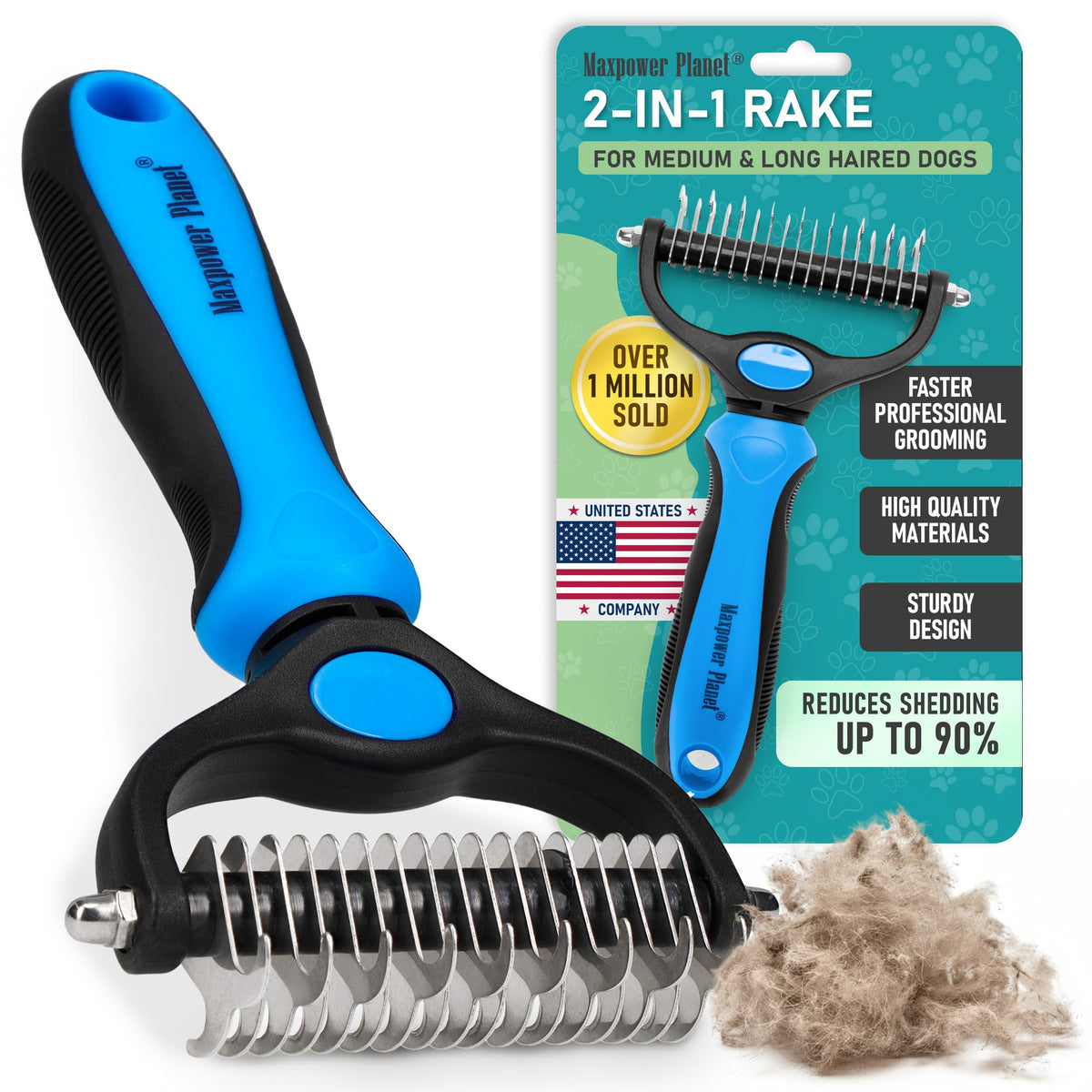 Maxpower Planet Original Pet Grooming Rake - Double-Sided Deshedding Dematting Tool, Undercoat Rake for Dogs &