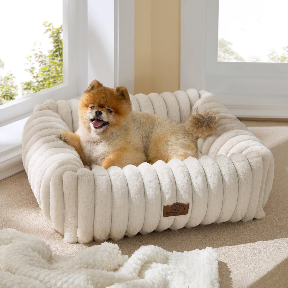 Bedsure ComfyFleece Cute Dog Bed for Small Medium Dogs - Washable Furry Puppy Beds, Rectangle Orthopedic Cordu