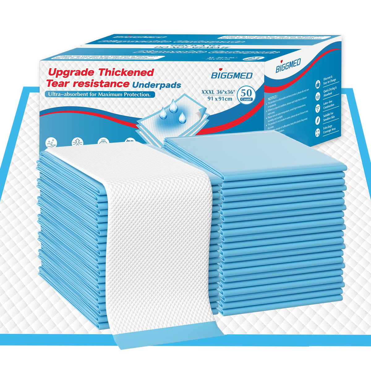 Tear-Resistant Disposable Bed Pads 36" x 36" 50 Count Super Absorbent Underpads, Chux Thicker Extra Large Inco