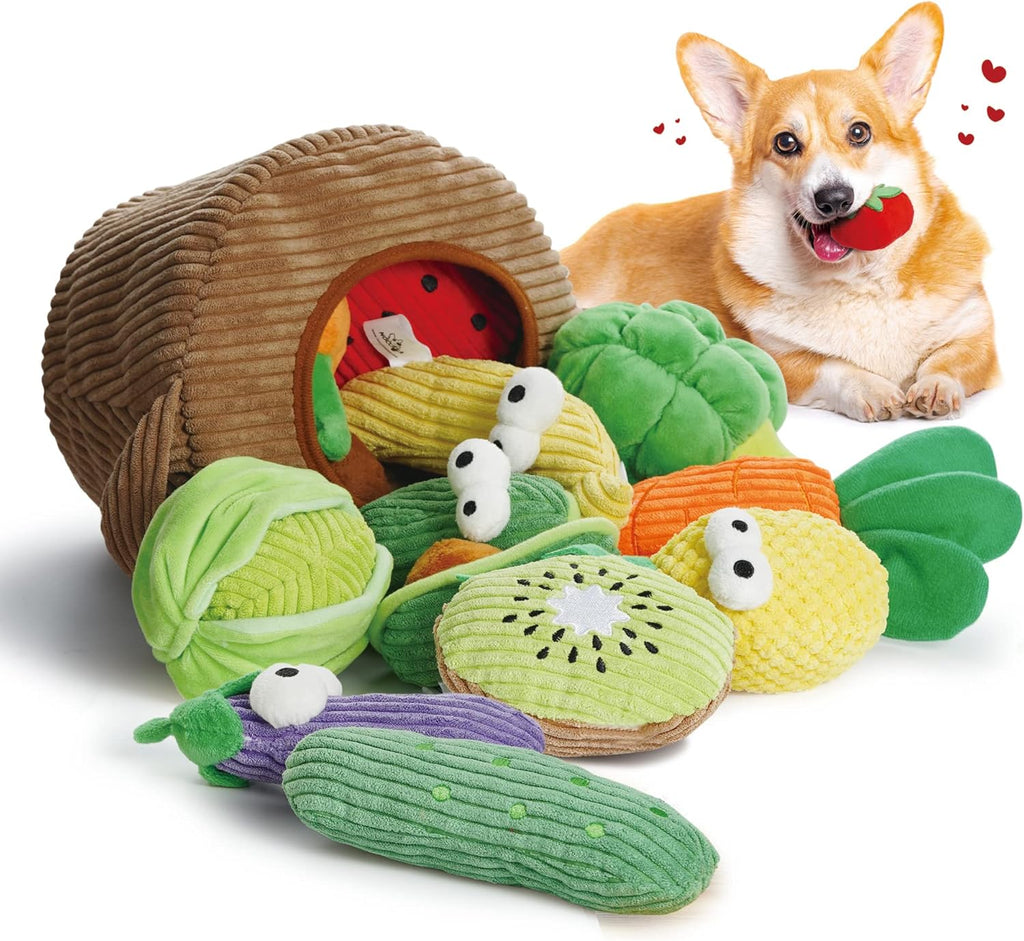 Nocciola Small Squeaky Crinkle Dog Toys- 15 Packs Grocery Basket Fruits Veggies Puppy Toys to Keep Busy, Cute 