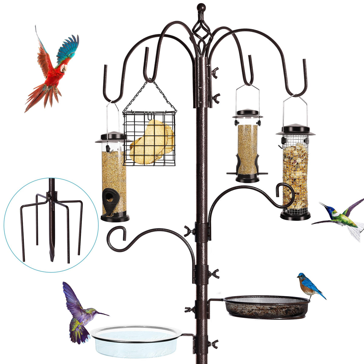 6-Hook Bird Feeding Station Kit, Wild Bird Feeder Stand Pole, Multi-Feeder Kit Stand with 4 Feeders, Bird Bath