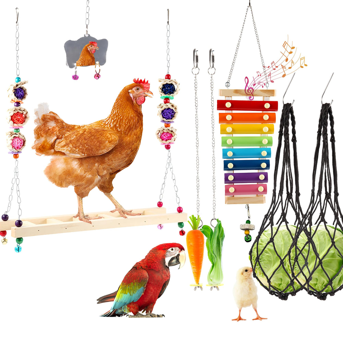 8PCS Chicken Toys for Coop Accessories, Chicken Swing, Xylophone, Mirror, Vegetable Hanging Feeder, Fruit Rack