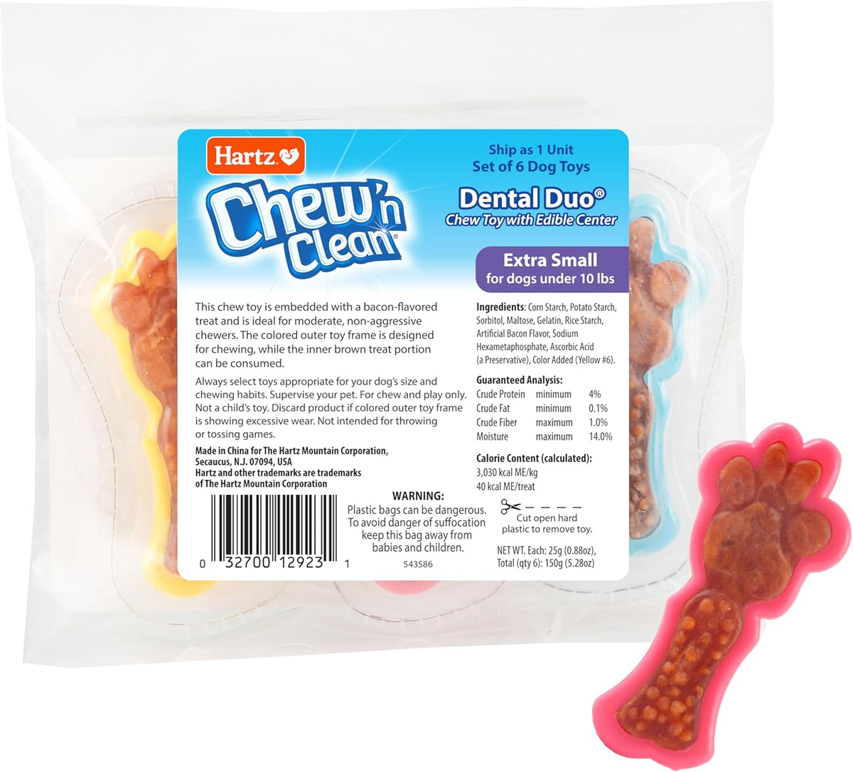 Hartz Chew 'n Clean Dental Duo Dog Treat & Chew Toy, Color Varies, Extra Small, 6 Count