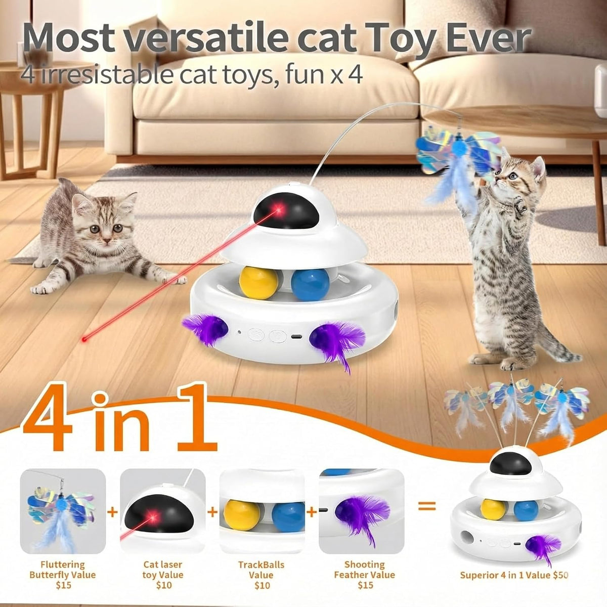 Interactive Cat Toys for Indoor Cats,4-in-1 Automatic Kitten Toy with Laser, Fluttering Butterfly, Moving Feat - view 3