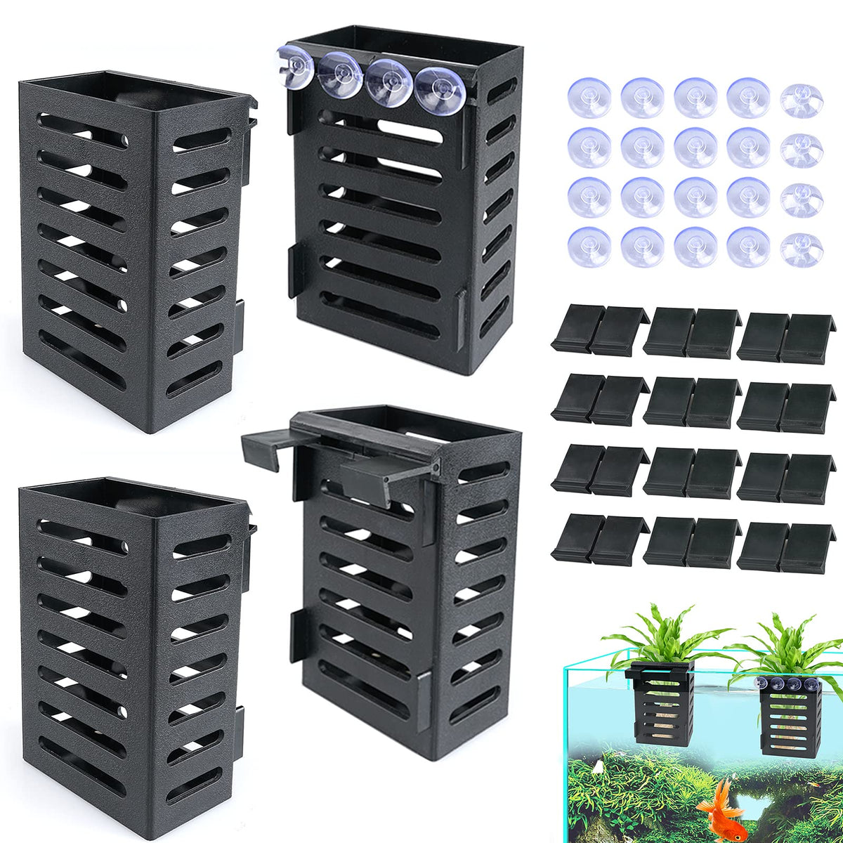 Aquarium Plant Holder 4 PCS Aquatic Plant Pot with 24 Hooks and 20 Suction Cups for Fish Tank Aquarium Planter