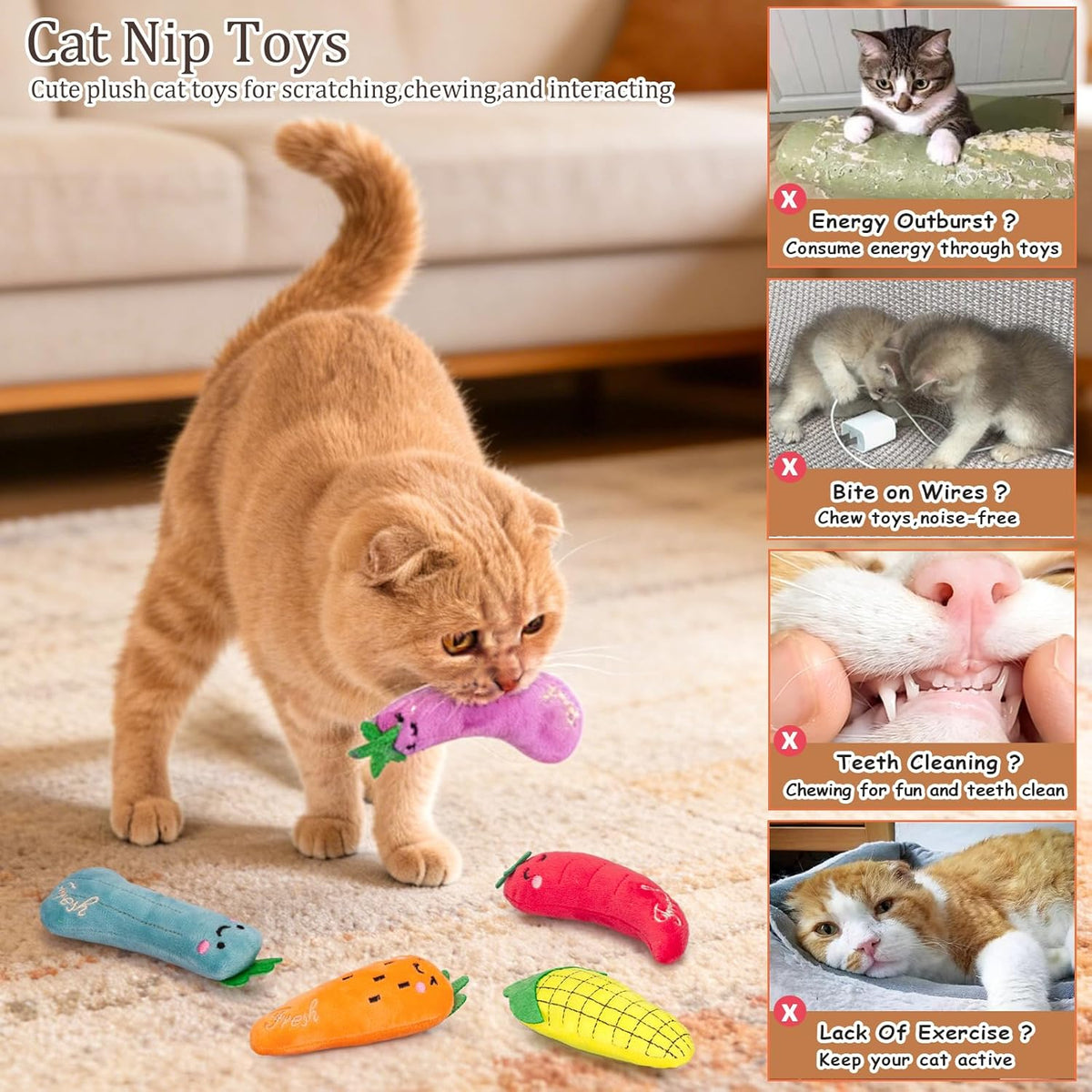ETEKYER Catnip Cat Toys, 5 Pack, Plush Cat Nip Toys for Indoor Kitten Kitty, Interactive Cat Kicker Chew Safe  - view 3