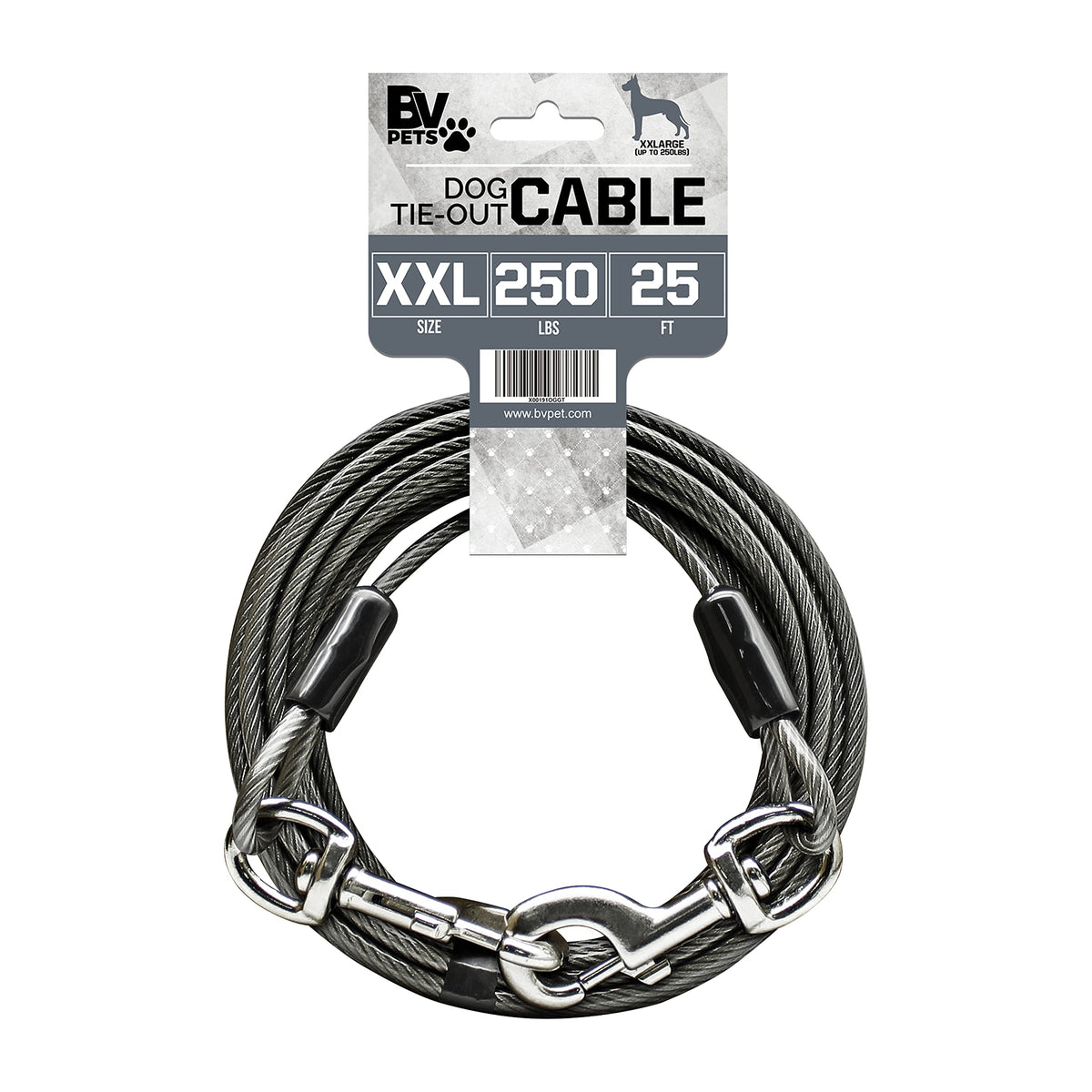 BV Dog Tie Out Cable 25 Feet - Heavy Duty Dog Lead Up to 250 Pounds - Reflective & Rust-Free with Quick Releas