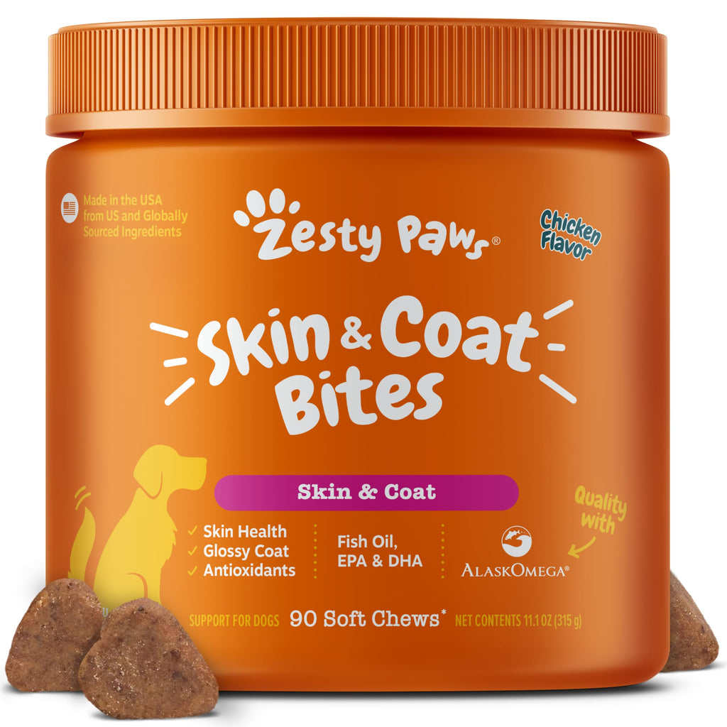Zesty Paws Omega 3 Alaskan Fish Oil Chew Treats for Dogs - with AlaskOmega for EPA & DHA Fatty Acids - Hip & J