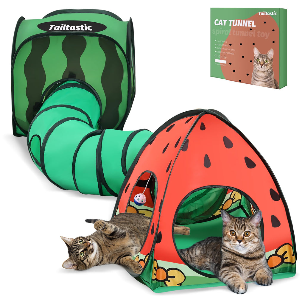 Tailtastic 3-in-1 Watermelon Cat Play Tunnel with Pop-Up Cube & Triangle Cat Tent, Interactive Toy Ball & Fold