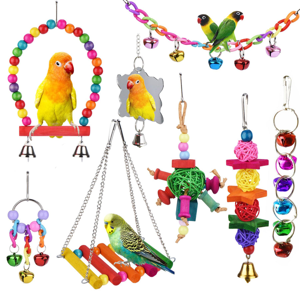 8 Pcs Parakeet Cockatiel Bird Toys, Parrots Cage Accessories Swing Wooden Perch Chewing Toy for Budgerigar, Co