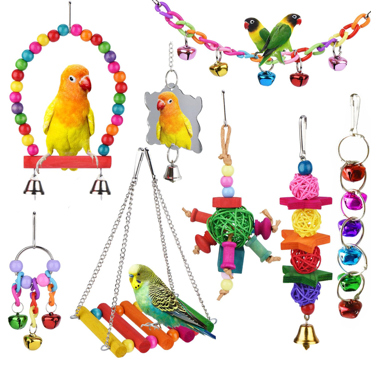 8 Pcs Parakeet Cockatiel Bird Toys, Parrots Cage Accessories Swing Wooden Perch Chewing Toy for Budgerigar, Co