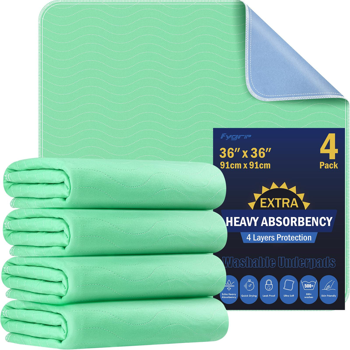 4 Pack 36” x 36” Extra Heavy Absorbency Washable Underpads, Waterproof Quick Drying Nursing Incontinence Reusa