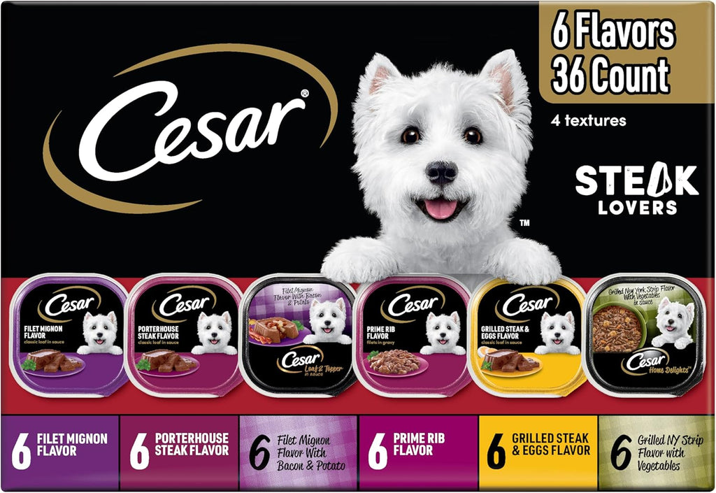 Cesar Wet Dog Food Steak Lovers Variety Pack, Adult, Wet Food for Dogs with Real Meat, 3.5 oz Easy Peel Trays,