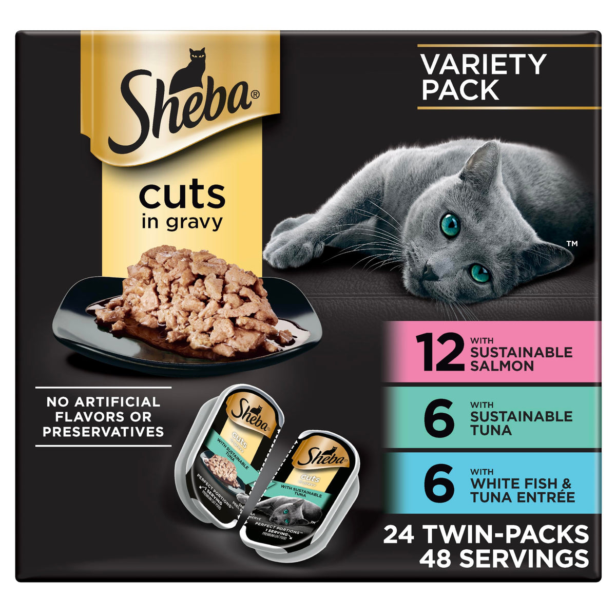 Sheba Perfect Portions Wet Cat Food Cuts in Gravy, Cat Food Wet Recipe, Sustainable Salmon, Tuna, White Fish a