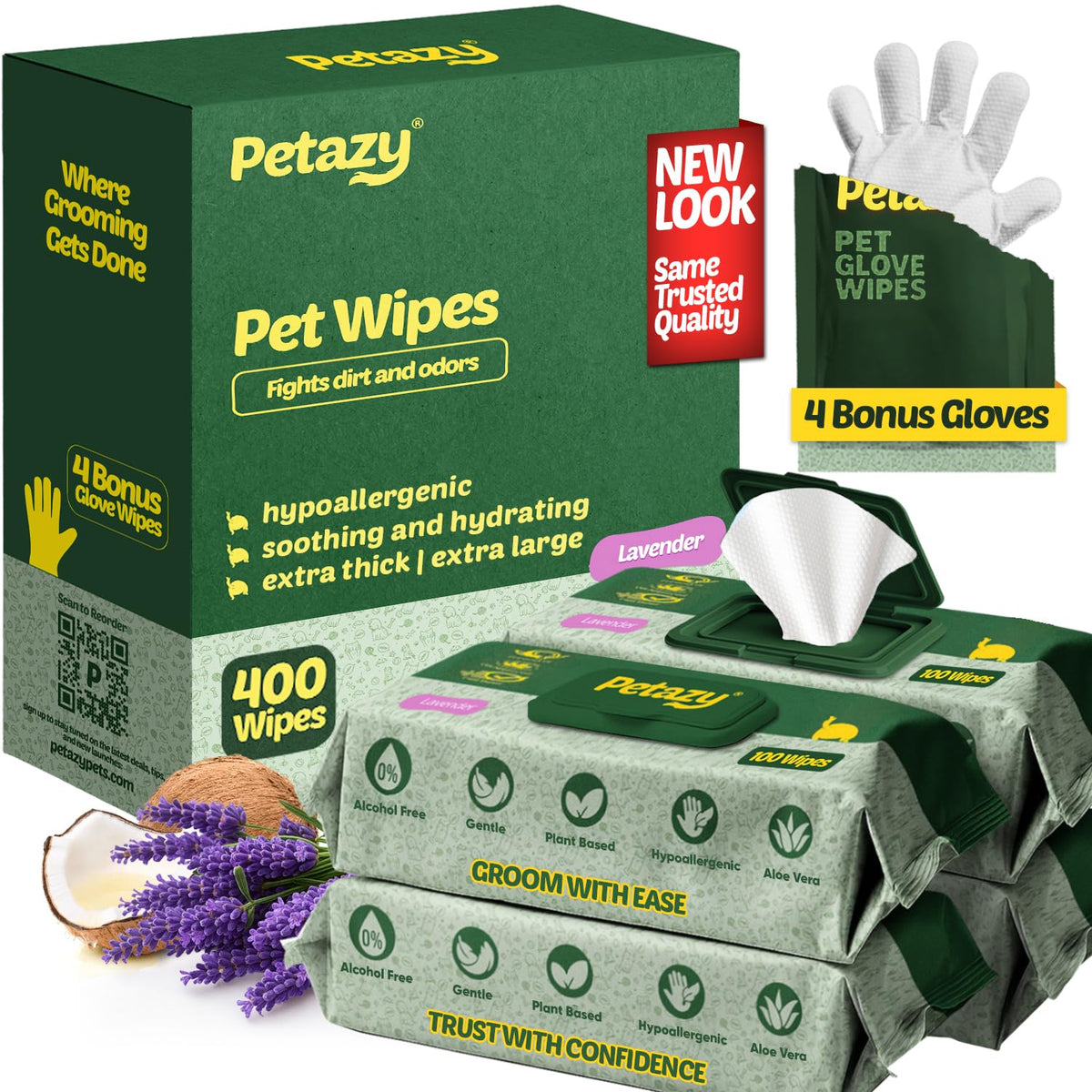 Petazy Dog Wipes for Paws and Butt – 400 Count (8x8in) Hypoallergenic, Deodorizing Pet Wipes for Dogs and Cats