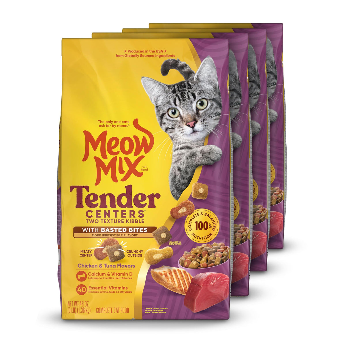 Meow Mix Tender Centers Basted Bites Dry Cat Food, Chicken & Tuna Flavor, 3 Pound (Pack of 4), Crunchy Outside