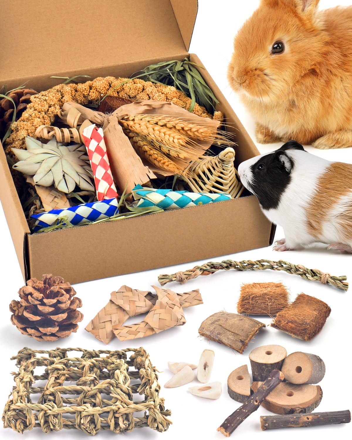 Bissap Rabbit Chew Toy, Natural Bunny Treats Snacks with Timothy Hay Water Grass Mat Coconut Husk Box for Guin