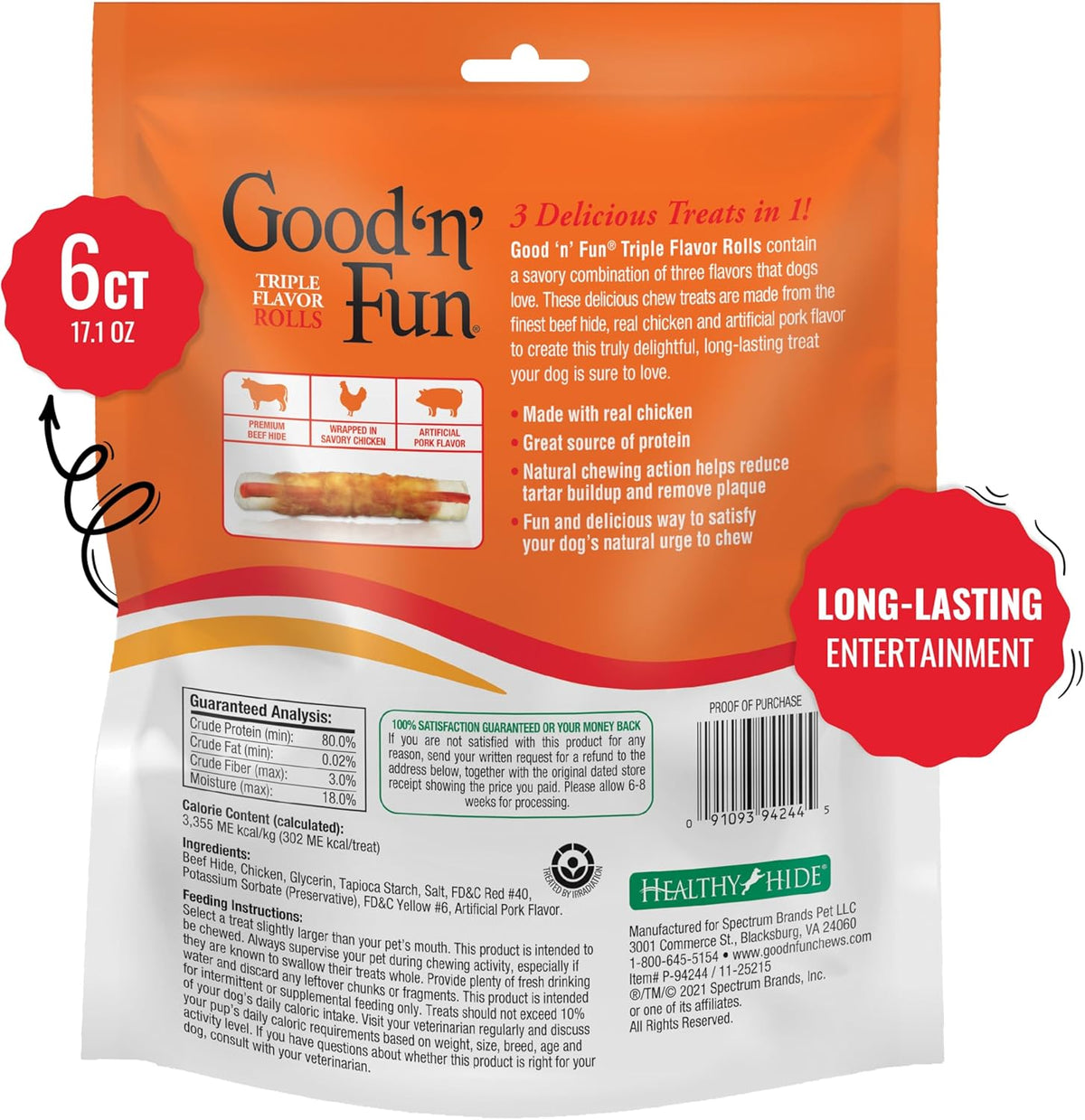 Good'n'Fun Triple Flavor 7 inch Rolls, Chews for Dogs, 6 Count (Pack of 1) - view 2
