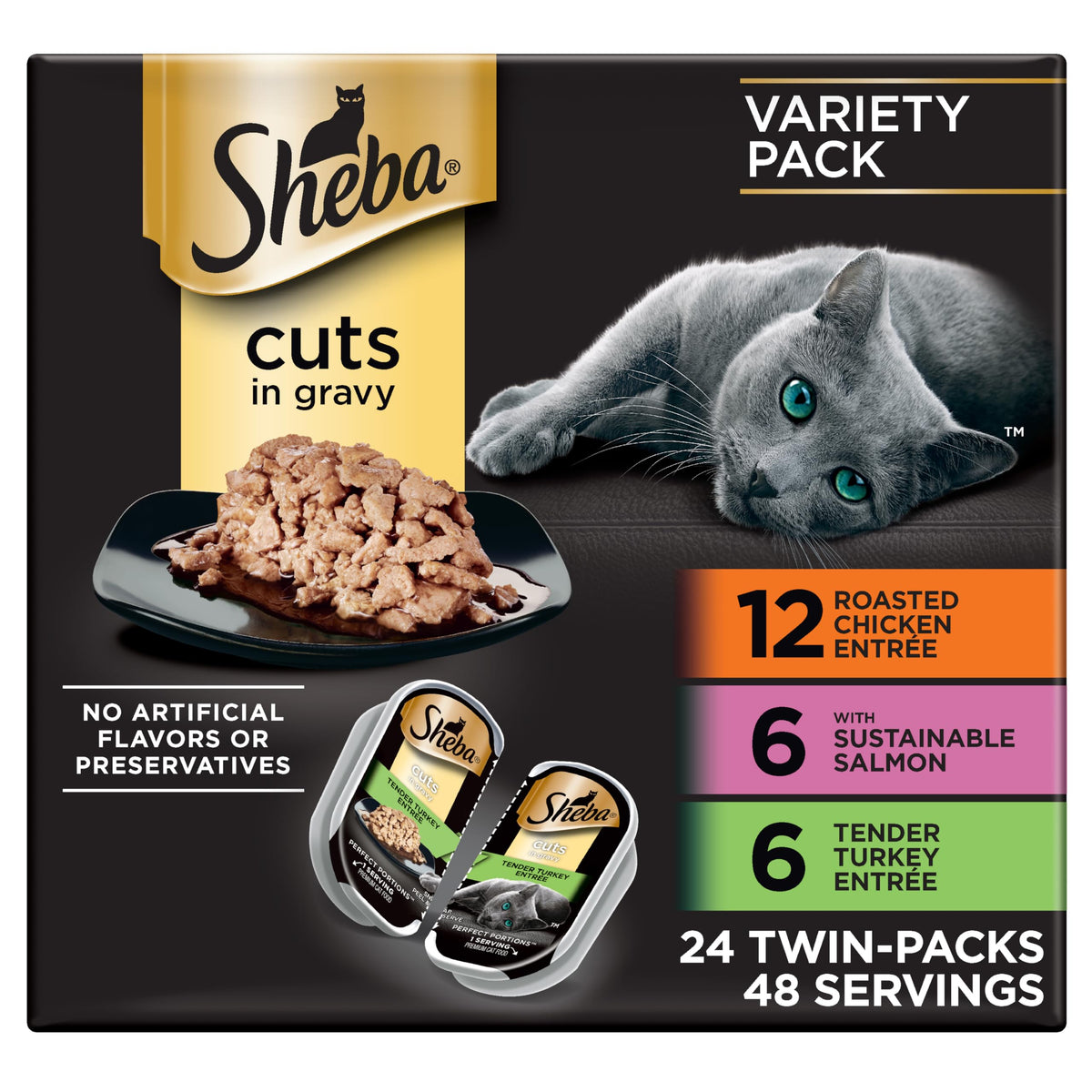 Sheba Perfect Portions Wet Cat Food Cuts in Gravy, Cat Food Wet Recipe, Roasted Chicken Entree, with Sustainab