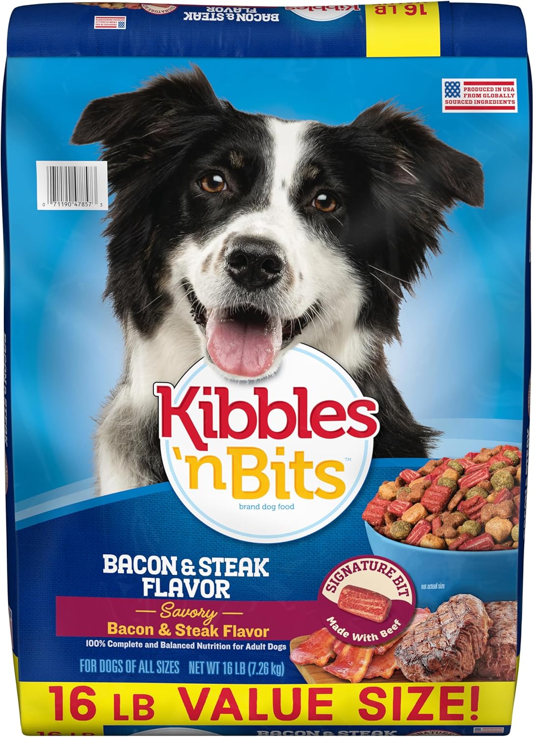 Kibbles 'n Bits Dry Dog Food, Savory Bacon & Steak Flavor for Adult Dogs 16 lb. Bag