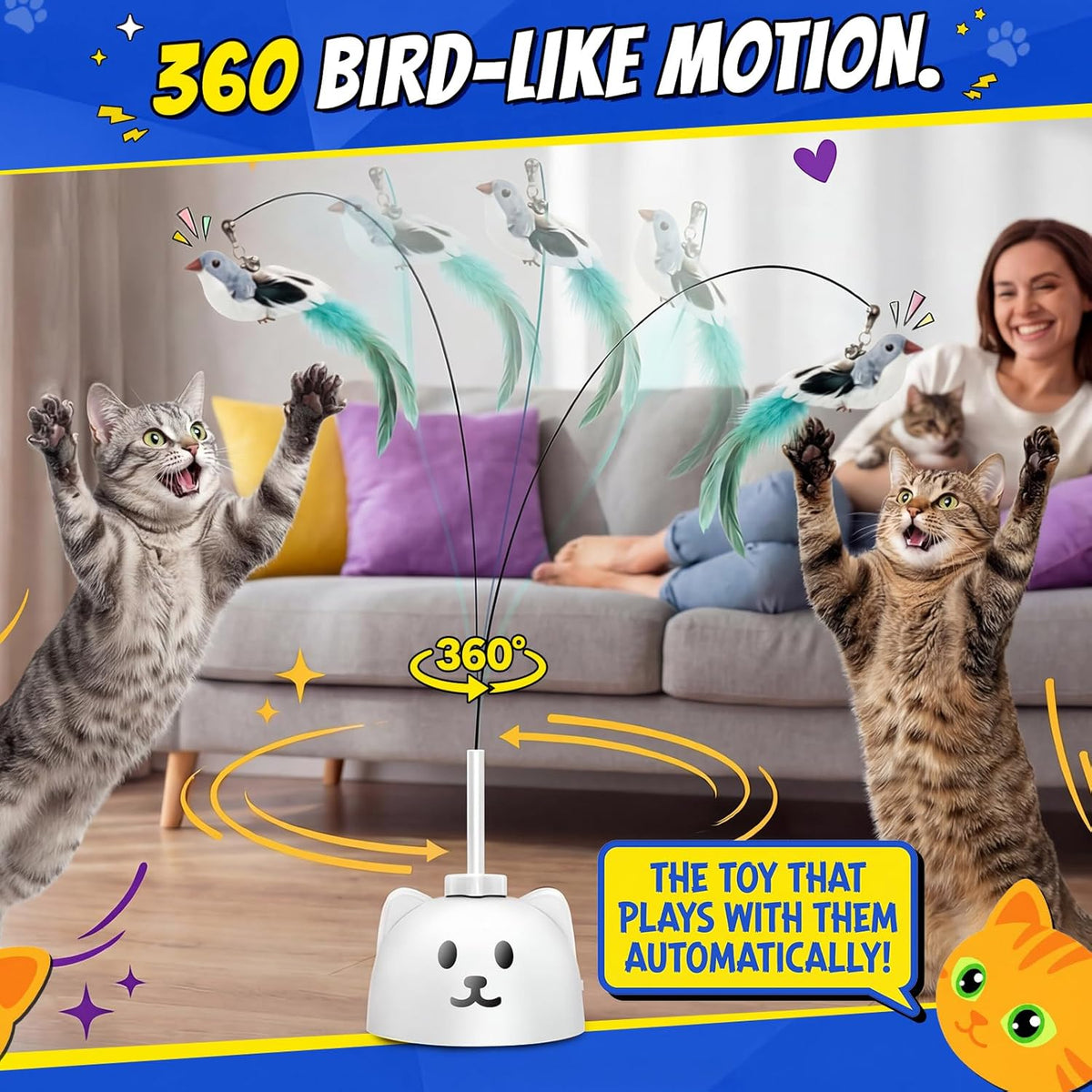 Interactive Cat Toys for Indoor Cats - Automatic Flying Bird Feather Toy, USB Rechargeable Electric Cat Teaser - view 6